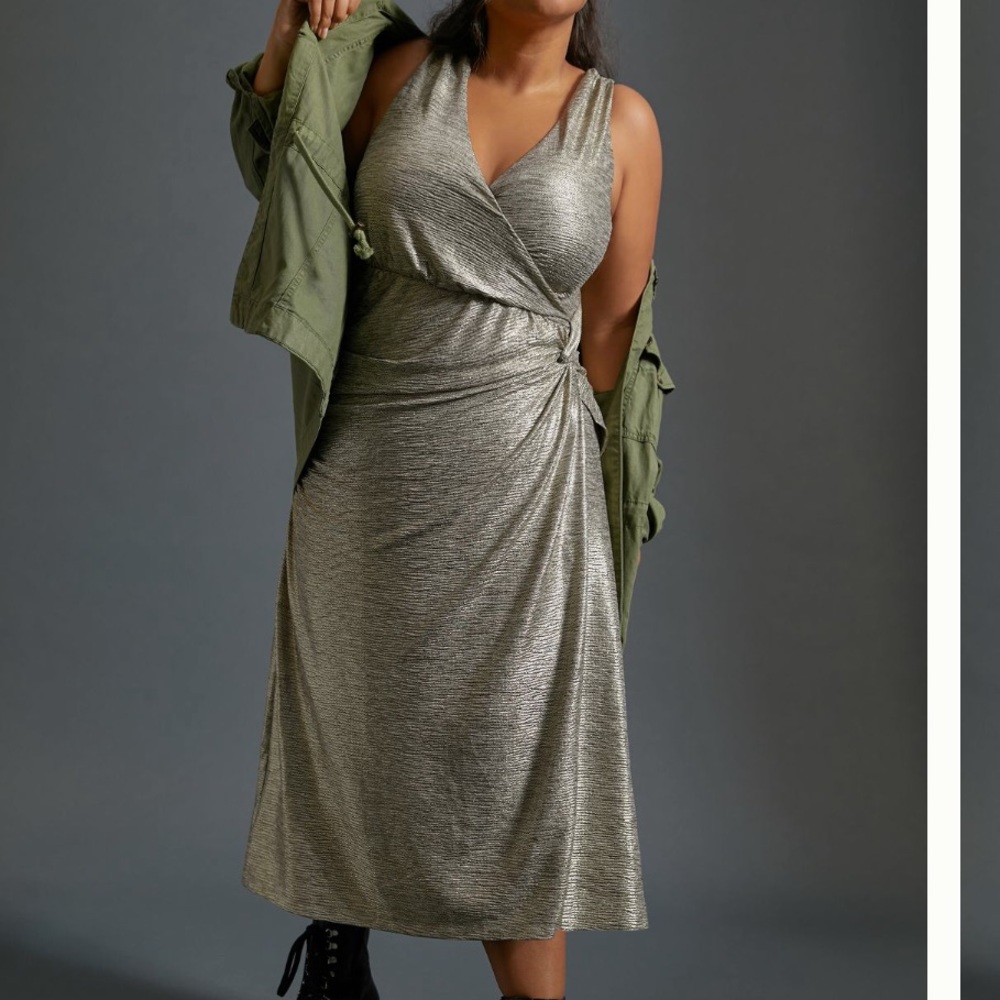 Anthropologie Metallic Gold Wrap Midi Dress - Picture 4 of 5